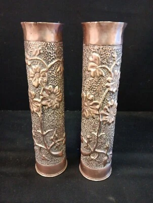 Paire d'obus Ciselés Objet de poilu À Décor De Fleurs Art de tranchées WW1 14 18 - Photo 1/4