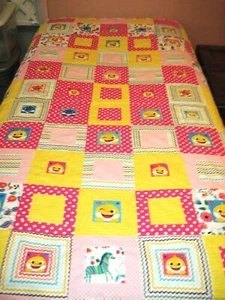 58 x 80 twin size homemade BABY SHARK PATCHWORKQUILT, coverlet, pink & yellow - Picture 1 of 7