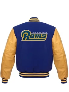 Giacca NFL Los Angeles Rams blu royal corpo pelle dorata maniche taglia XL - Foto 1 di 5