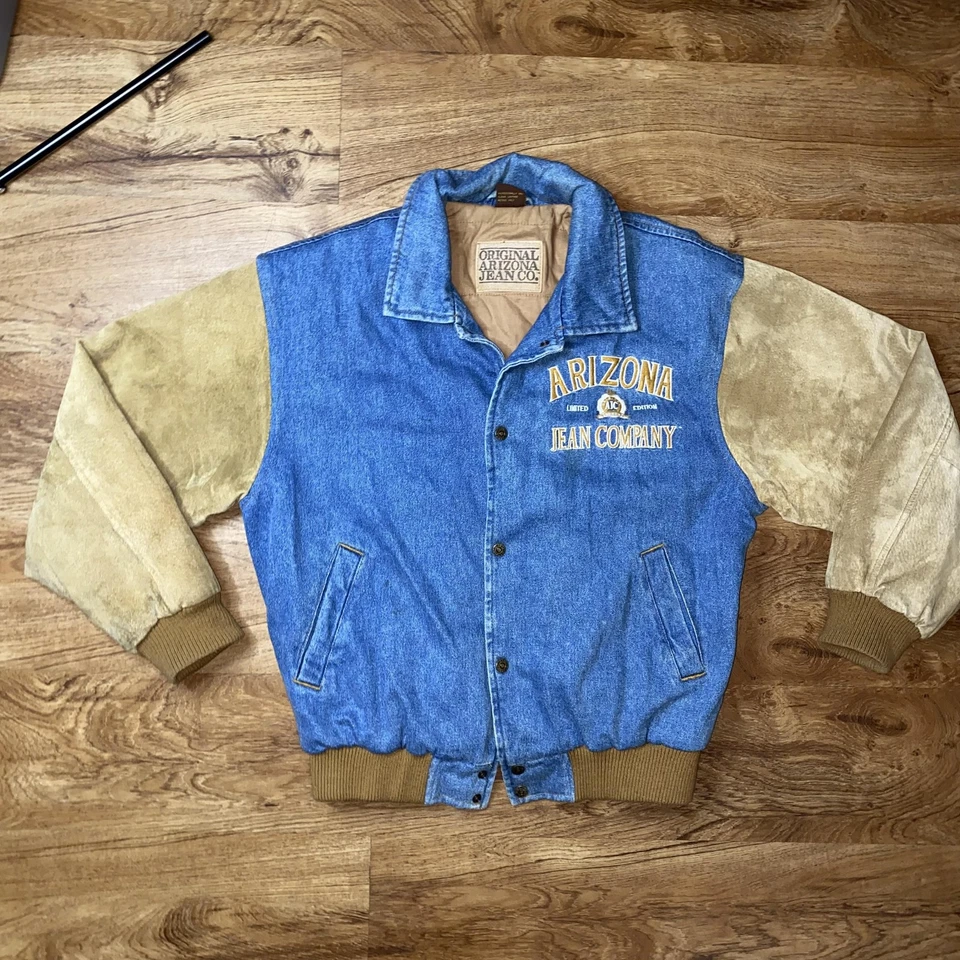 复古 Arizona Jean Company 夹克男式小号蓝色牛仔皮革轰炸机 90 年代 — 第 1/4 张图片