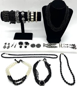 Vintage Costume Jewelry Lot Black White Silver Rhinestones Beads Wearable 19 Pcs - Picture 1 of 13