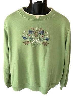 Baxter & Wells Petite 卫衣女式 PXL 绿色花卉蝴蝶结刺绣 LS — 第 1/4 张图片