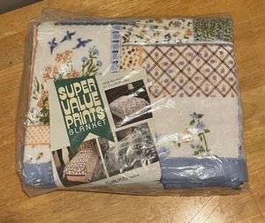 Vtg Floral Blue Butterfly Bird Satin Trim Blanket 72x90 MCM Patchwork Cottage - Picture 1 of 4
