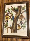 Vintage Framed Stitchwork Tree With Birdhouses And Birds 5.25?x7.25?