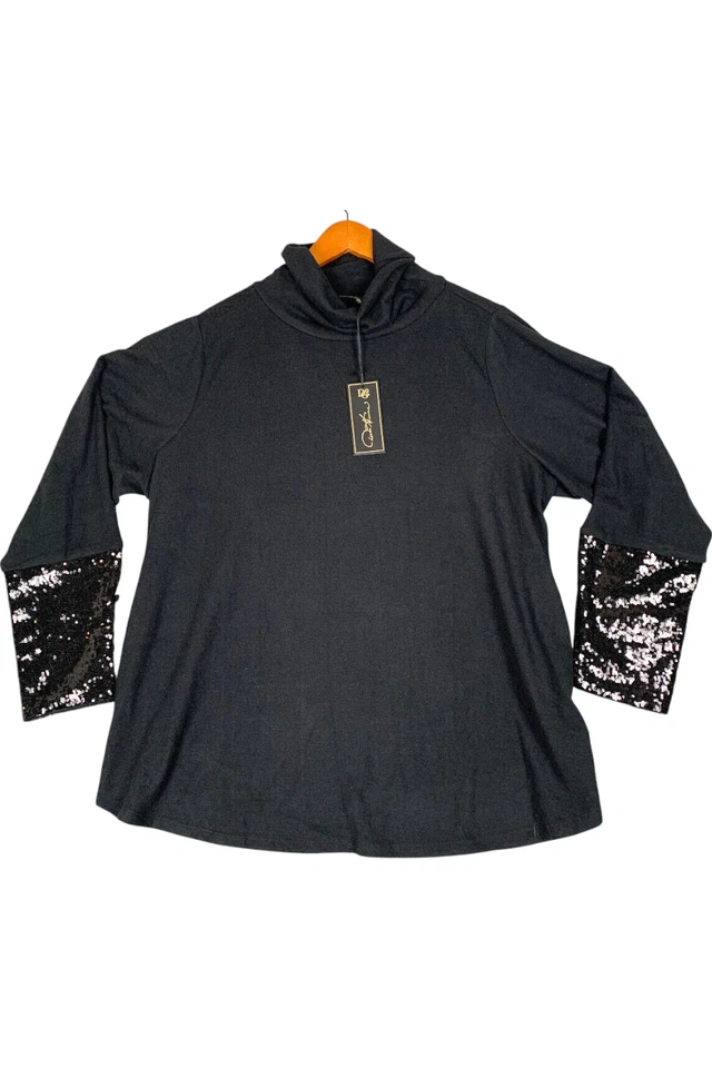 Suéter para mujer DG2 by Diane Gilman con puño de lentejuelas cuello alto negro Foto 1 de 1