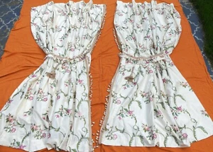 Pair vintage custom made silk embroidery flower w lining tassel trim curtains  - Picture 1 of 12