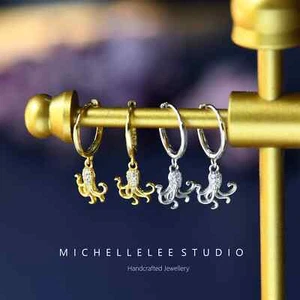 Gold and Silver Octopus Huggie Hoop Earrings, Sea Animal Earrings - Picture 1 of 11