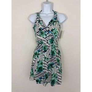 Loveappella XS Floral Stripe Halter Dress Green Blue White NWT Defect - Picture 1 of 10
