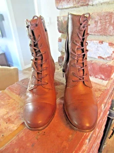 Frye Courtney Sabrina Leather Ankle Boots Womens 7.5 Brown Zip Up w Laces - Picture 1 of 9