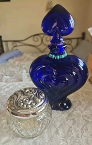 Vintage Set Of Cobalt Blue Heart Shaped Bottle & Avon Glass Jar Vanity Decor - Picture 1 of 15
