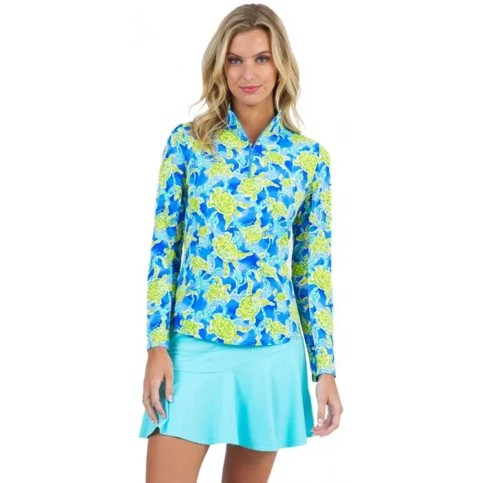 IBKUL Turtles at Sea Mock Neck Top Size Small Peri Long Sleeve Golf Shirt Womens