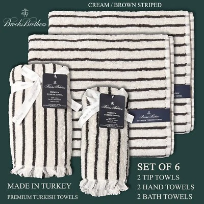Nuevo juego de toallas de baño Brooks Brothers punta de mano espresso marrón crema a rayas 6 piezas Foto 1 de 4