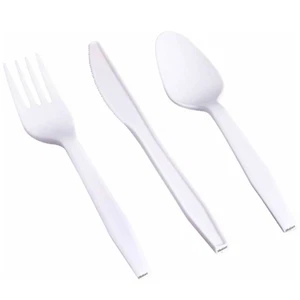 White Plastic Cutlery Set Knives Forks Spoons Reusable Catering Takeaway - Picture 1 of 7