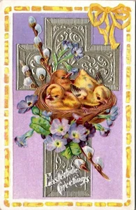 Eastertide Greeting Embossed Chicks in Nest Postcard - Picture 1 of 2