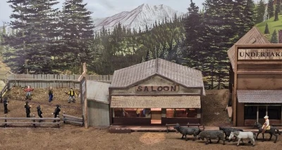 HO OLD WEST LIGHTED SALOON, UNDERTAKER, O.K. CORRAL SHOOT OUT FOR TRAIN  LAYOUT - Image 1 of 4