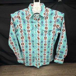 VTG Wrangler Men 90s Teal XL L/S Pearl Snap Shirt Aztec Southwestern Geo Pattern - Picture 1 of 11