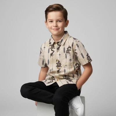 XG Island Tropic Camisa Botón Adolescente Pequeña (C34)/Dragón+Gráficos Florales/Bolsillo Foto 1 de 4