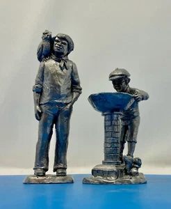 Lot of 2 Michael Ricker Pewter Statues, boy with bird, boy at water fountain - Picture 1 of 19