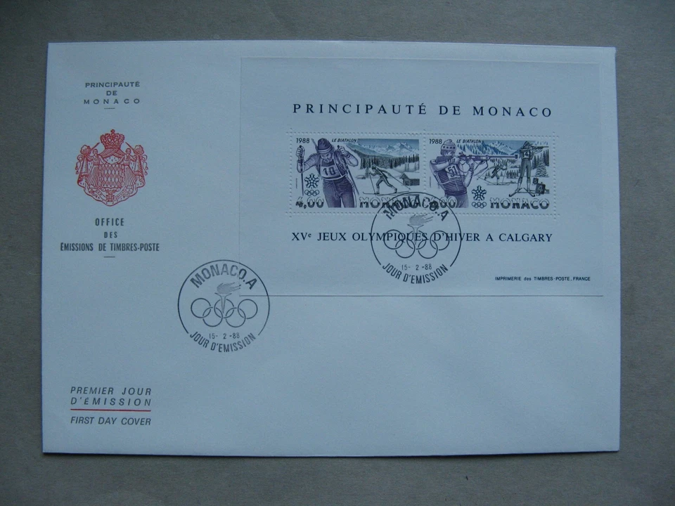 MONACO,封面 FDC 1988,S/S 冬季奥运会,铁人三项,步枪射击 — 第 1/1 张图片