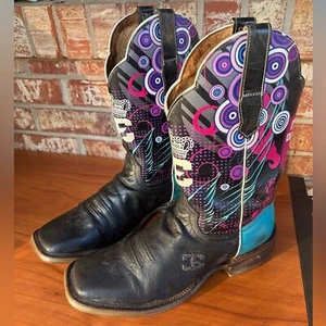 CINCH Edge "QUEENISM" Black Marbled Leather Cowgirl Western Boots Square Toe 9.5 - Picture 1 of 15