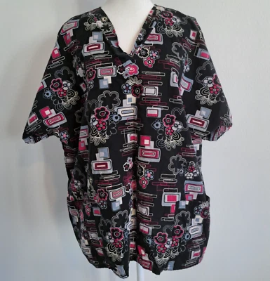 0802 - VTG SCRUB HQ XL Black Pink White Floral Graphic Scrub Top - Image 1 of 4