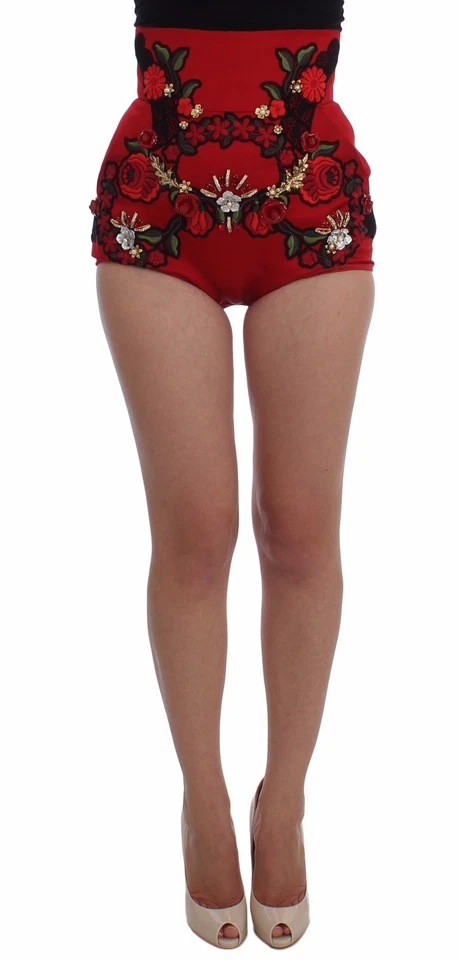 DOLCE & GABBANA Shorts Red Silk Crystal Roses Hot Pants IT40 / US6 / S RRP $3800 - Image 1 of 4