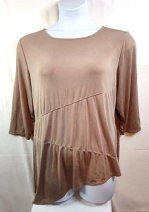 CHICO'S TRAVELERS Top Women's 3/XL Tan/Gold Slinky Asymmetrical Hem 3/4 Sleeve - Picture 1 of 11