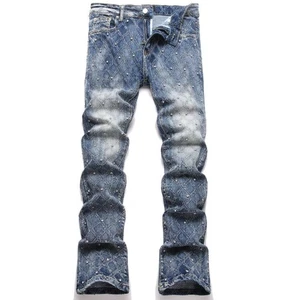 Herren Blau Denim Jeans Gerades Bein Nieten Stretch Hose Punk Hip Hop Hose - Bild 1 von 12