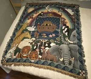 Vtg American Weavers Tapestry Blanket Noahs Ark Woven Knit Throw 47x61 USA Made - Picture 1 of 8
