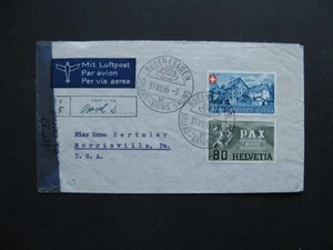 SWITZERLAND, censored airmail cover to the USA 1945, Pro Patria 30 C + PAX 80 c - Picture 1 of 2