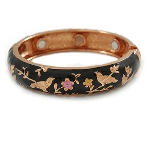 Black Enamel Bird and Flower Copper Magnetic Hinged Bangle Bracelet with Six - Picture 1 of 6