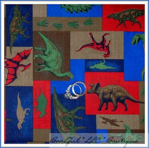 BonEful Fabric FQ Cotton Quilt Brown VTG Dinosaur Dino Patchwork Red Blue Green - Picture 1 of 11