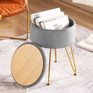 Round Ottoman Stool Vanity Stool Chair with Storage for Makeup Room Bedroom Gray - Picture 1 of 5