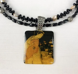 Chicos Geisha Statement Necklace Pendant Asian Black Glass Coin Pearl Beaded - Picture 1 of 10