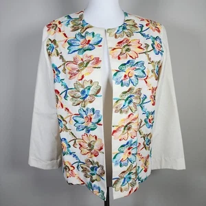 Embroidered Floral Jacket Womens Large Linen Crewel Art Statement Piece Cottage - Picture 1 of 15