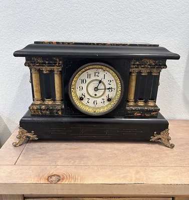 VTG Antique 6 Pillar Seth Thomas Adamantine Mantle Clock Wood/Cast Iron - Image 1 of 4