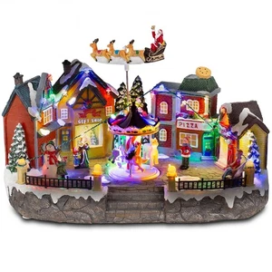 Animated Christmas Village Scene with Santa Sleigh, LED Lights & Rotating Car... - Picture 1 of 7