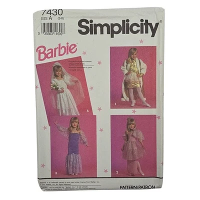Simplicity 7430 Barbie Dress Up Costumes Sewing Pattern 1991 Size A (3-8) Uncut - Image 1 of 4