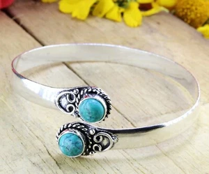 925 Sterling Silver Green Turquoise Gemstone Handmade Jewelry Bangle Sz 7-8 - Picture 1 of 1