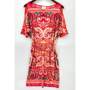 Eci Dress Womens Pullover Cold Sleeve Paisley Tie Waist Knee Length Orange 4 - Picture 1 of 12