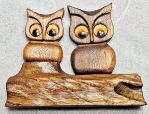 Witco Cryptomeria Carved Owls Felt Bead Eyes Burnt Wood Retro Art Sculpture 70s - Picture 1 of 8