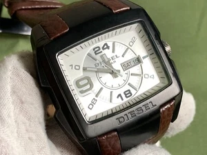 DIESEL DZ-1216 DAYDATE Silver Dial 10 ATM Brown Leather/Blk/Blk QUARTZ MEN WATCH - Picture 1 of 19