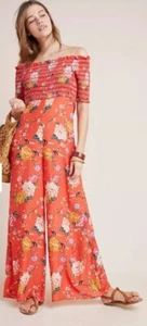 Farm Rio Anthropologie Smocked Wide Leg Orange Floral Jumpsuit Romper Birds XS - Picture 1 of 13