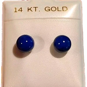 Vintage Carved Blue Lapis Lazuli Round Stone Bead 14K Gold Stud Earrings 8mm - Picture 1 of 6