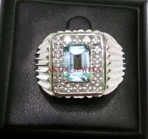 Natural Blue Topaz with 14K White Gold Plated Silver Ring for Men's #2844 - Picture 1 of 12