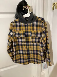 Cat & Jack Boy's Size XS 4/5 Navy Gold Plaid Long Sleeve Hooded Flannel - Picture 1 of 11