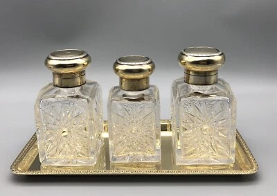 1899 English Sterling Silver 3 Cut Glass Perfume Scent Bottles & Dresser Tray - Image 1 of 4