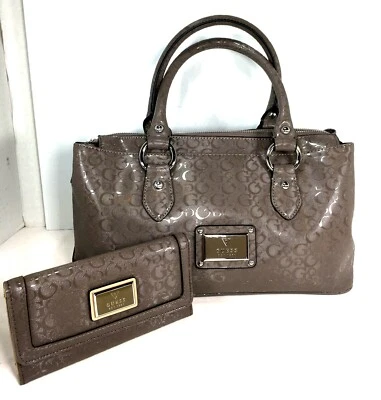 Guess Signature Taupe Faux Leather  Satchel Handbag (with distressed Wallet) - Image 1 of 4