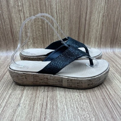 Crocs A-Leigh Black Snake Women Size 8 Cork Wedge Flip Flops Thong Sandals - Image 1 of 4