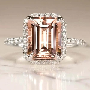 3.75 Ct Emerald Cut Peach Morganite Halo Engagement Ring 14K White Gold - Picture 1 of 6